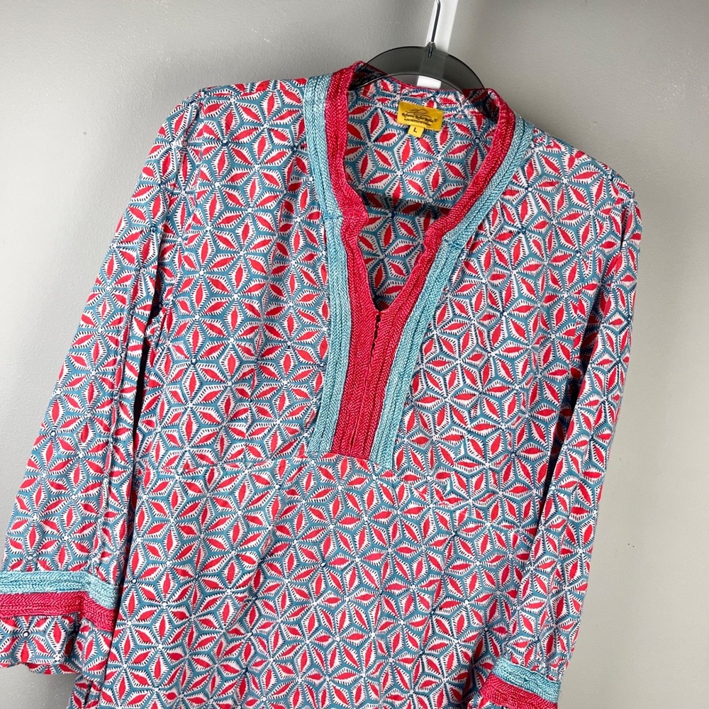 Roberta Roller Rabbit Tunic Dress Womens L Coral Pink Blue Resort Boho Coastal